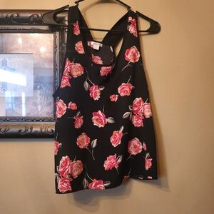 Xhilaration Black Top with Pink Floral Accents